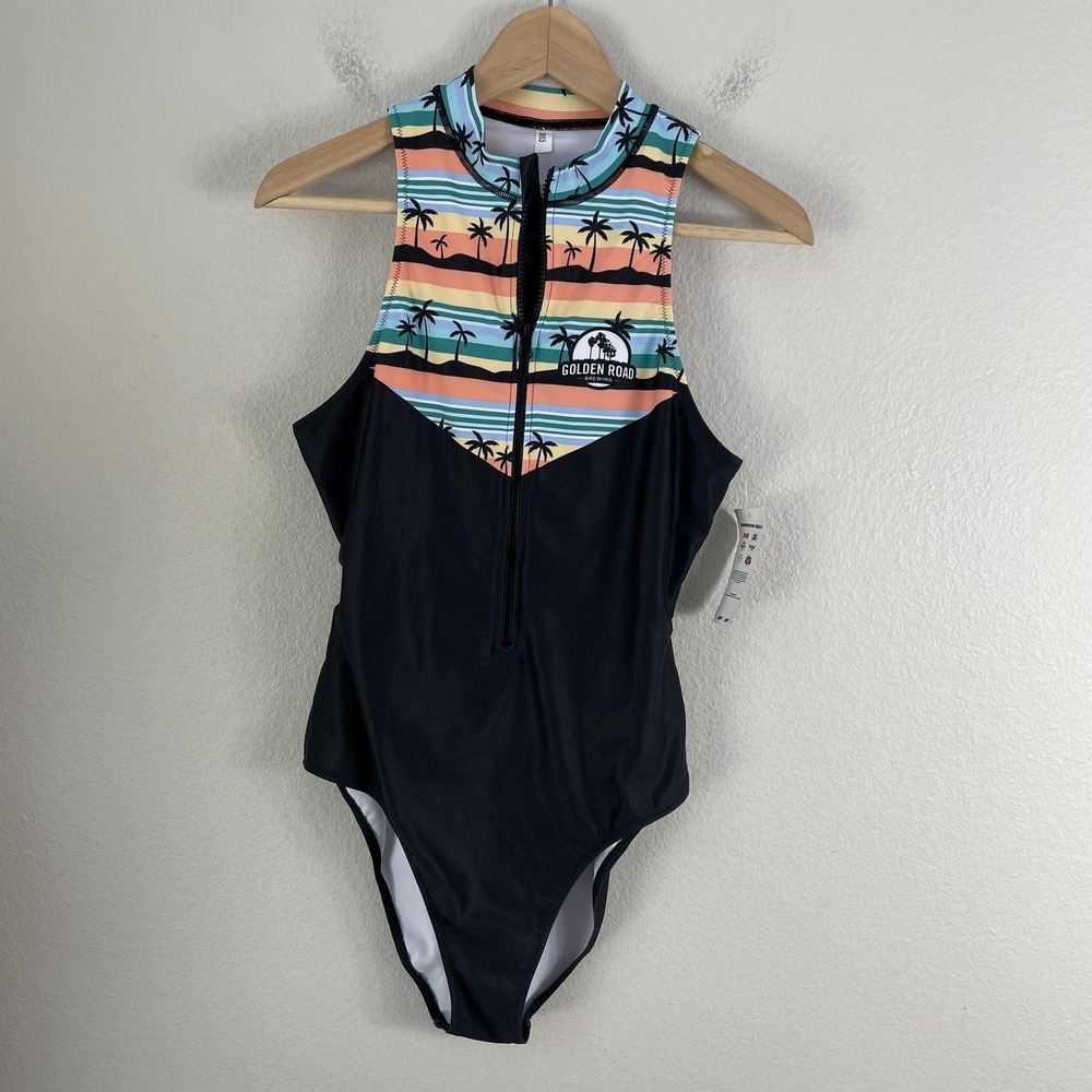 Shinesty Swimsuit Womens Large Black Golden Road‎ Brewing Tropical Zip One Piece